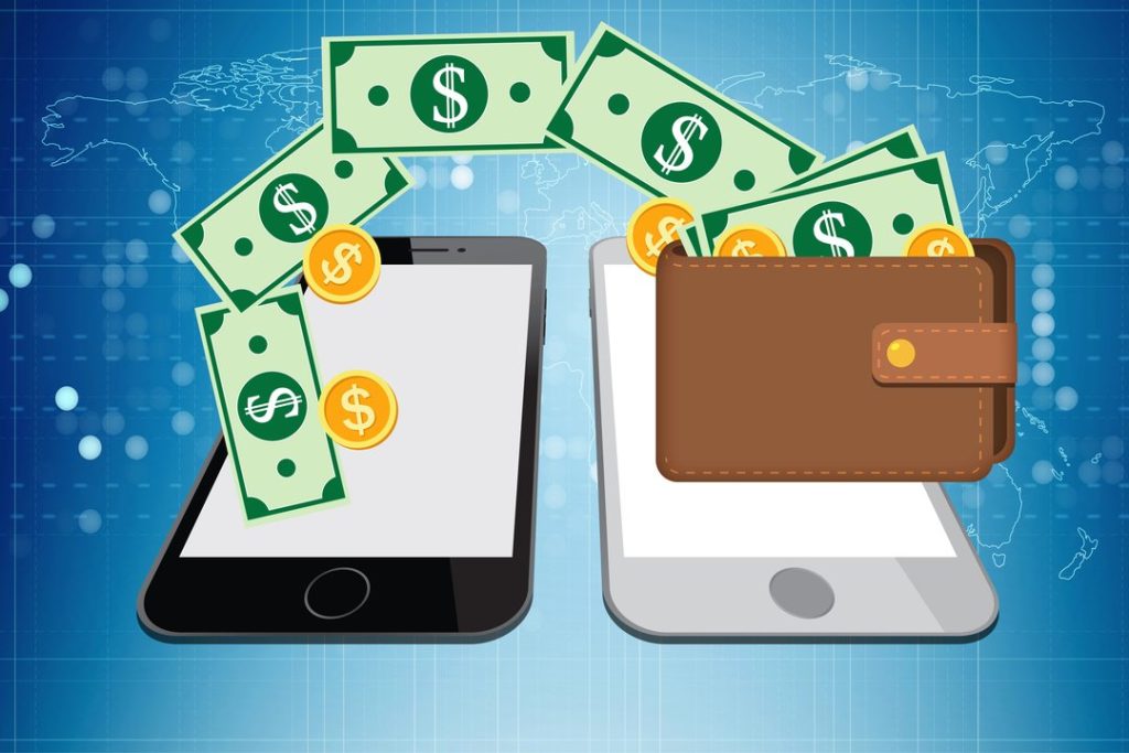 Ilustración de transferencia de dinero digital entre smartphones con billetera.