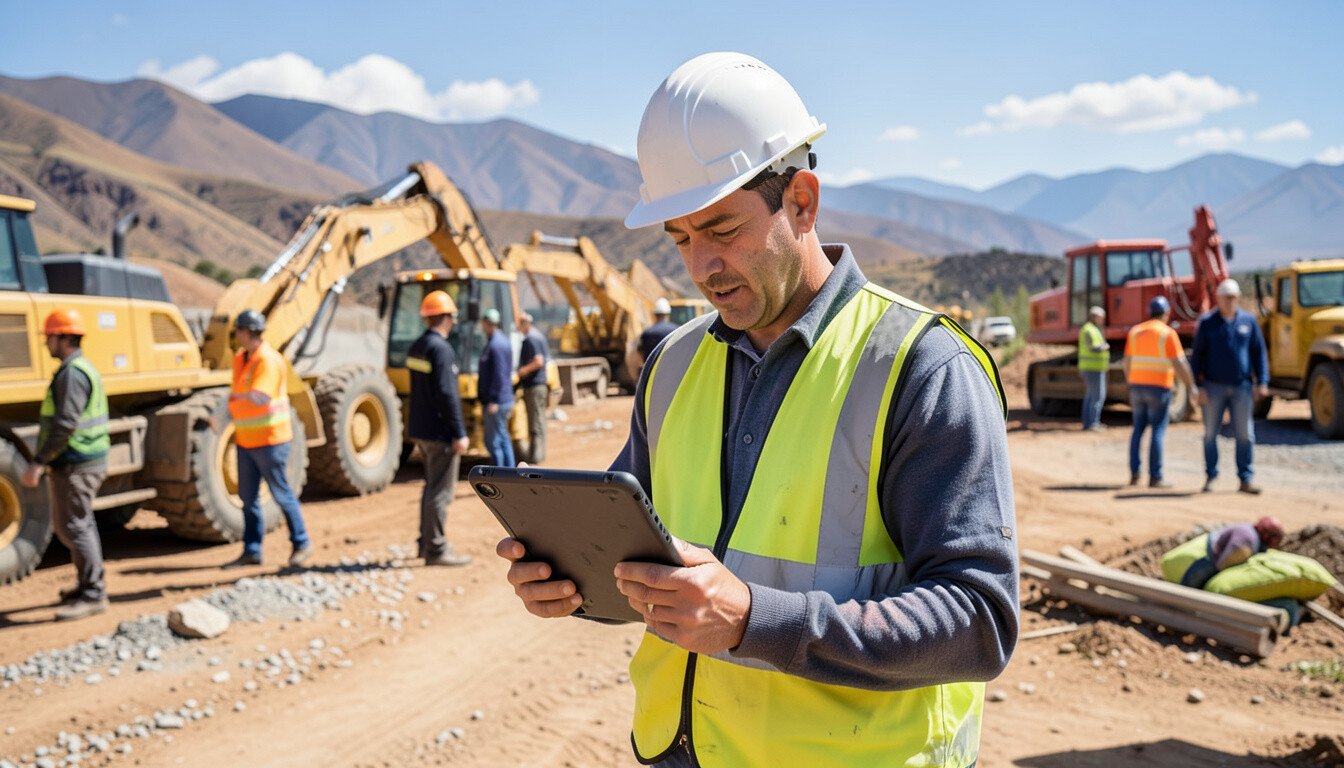 Supervisor revisando documentos en terreno con una tablet bajo luz natural