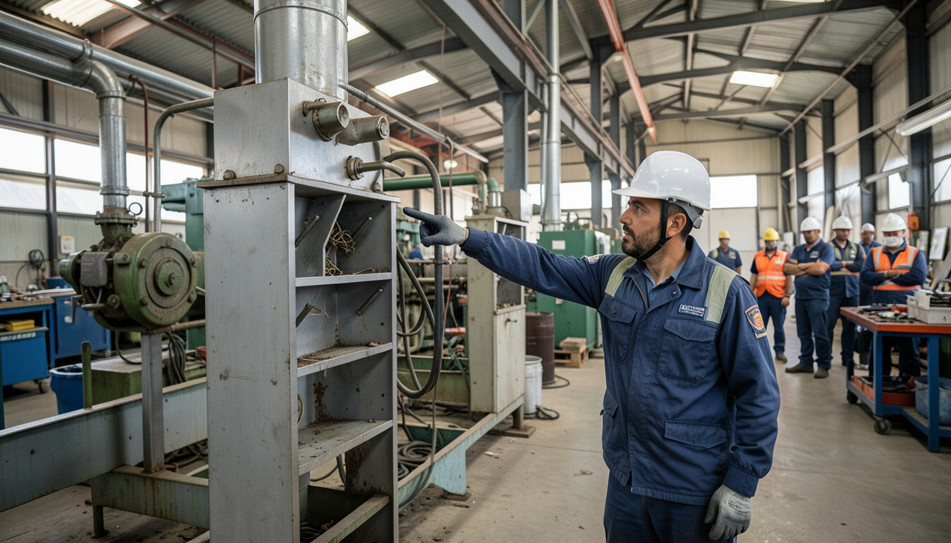 Operario señalando una estructura metálica en una planta industrial