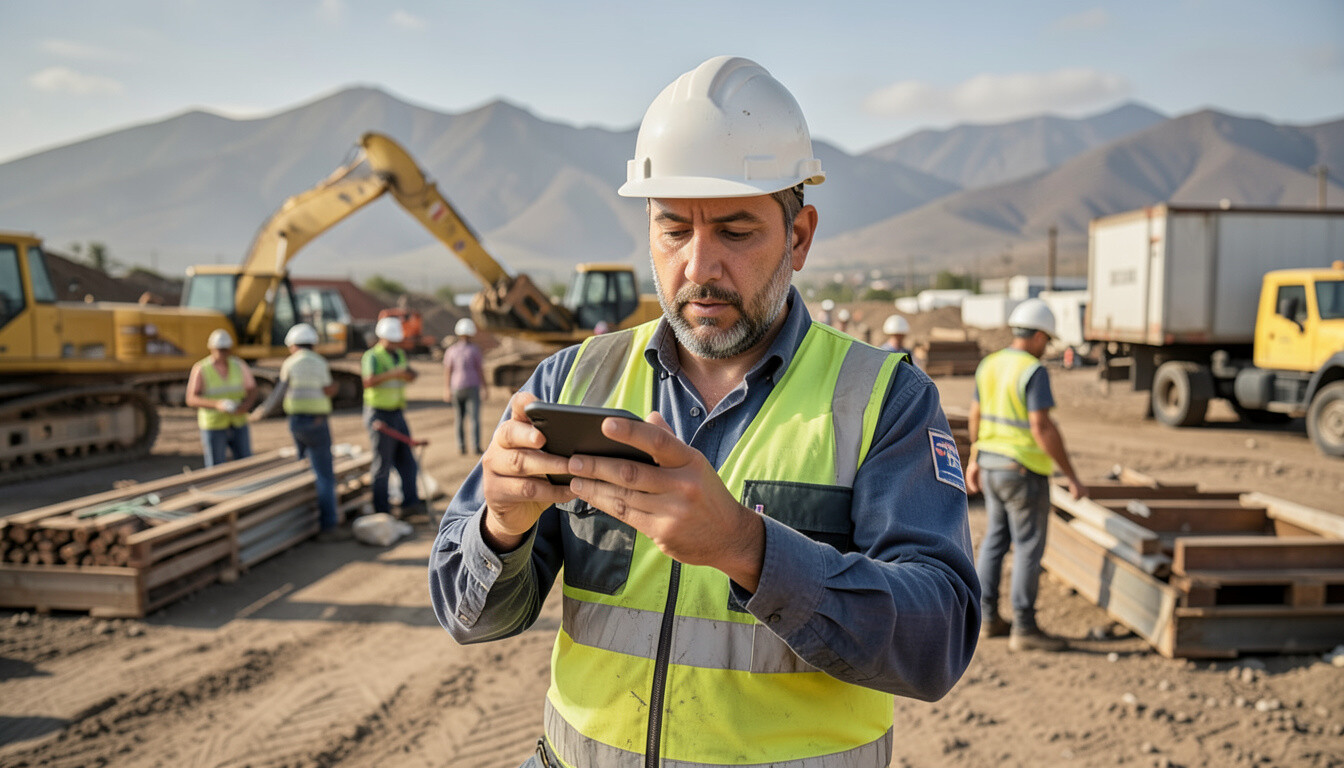 Trabajador tomando registro fotográfico con dispositivo móvil en faena