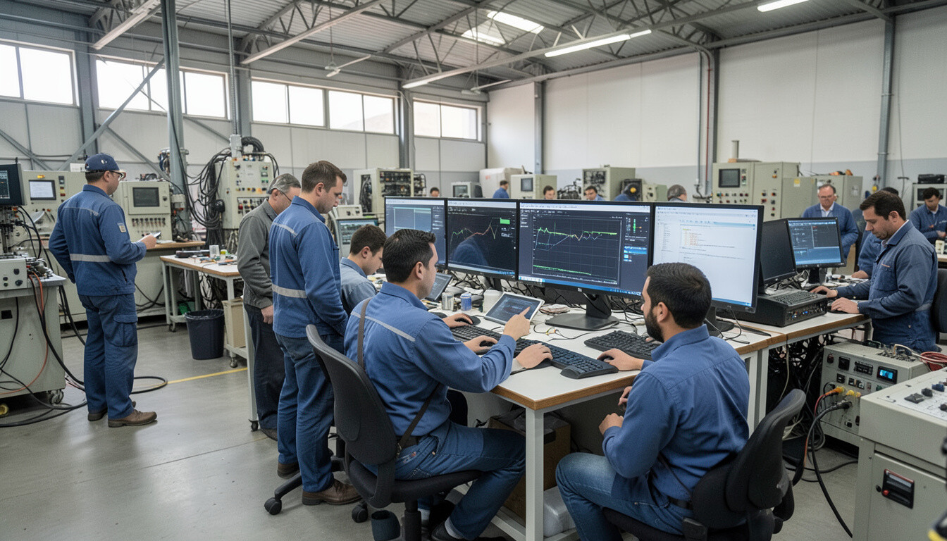 Equipo de trabajo revisando reportes digitales en una sala de control