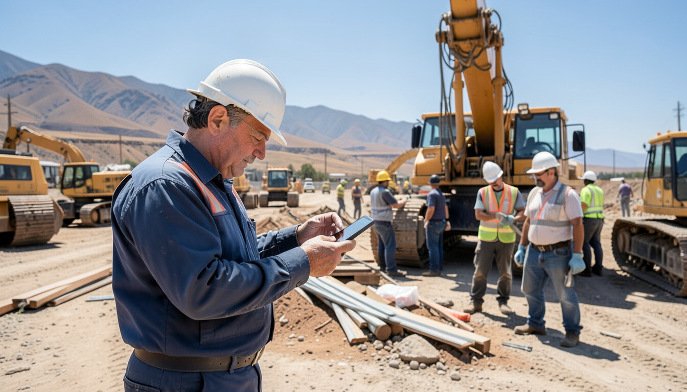 Trabajador firmando digitalmente en terreno con dispositivo móvil