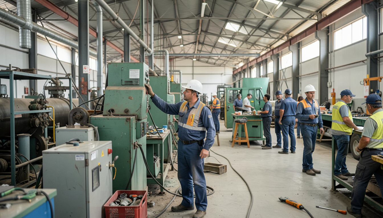 Supervisor analizando equipos industriales en planta productiva